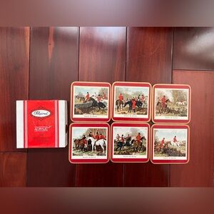 PIMPERNEL Coaster Set (6) English Fox Hunting Horses Dog 4” Square Cork Back